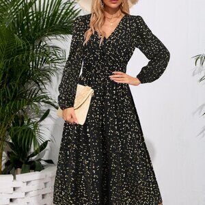 Printed Surplice Long Sleeve Midi Dress